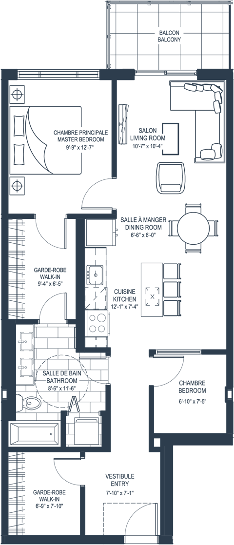 Floor plan for 1 bed, 1 bath, 1183 sqft
